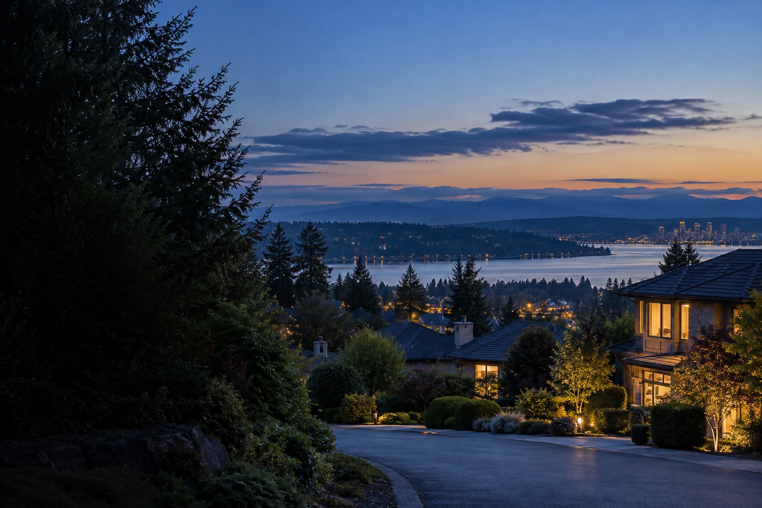 Illustrative Eastside neighborhood at dusk; not a listing.